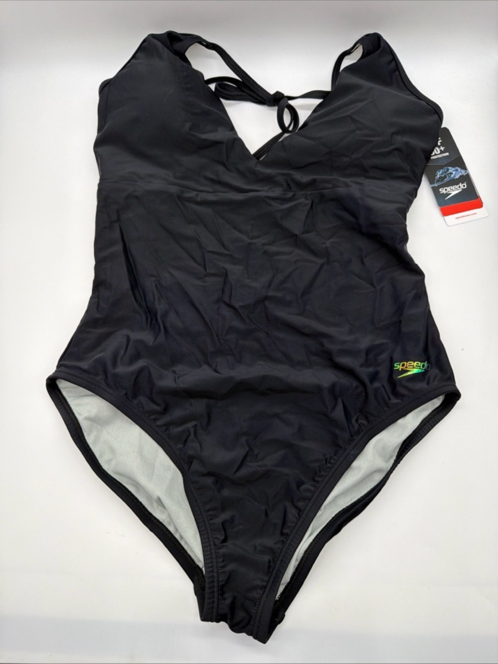 Speedo NWT Black One piece Halter Tie Neck Swimsuit Sz 10 Slimming MSRP $79.50